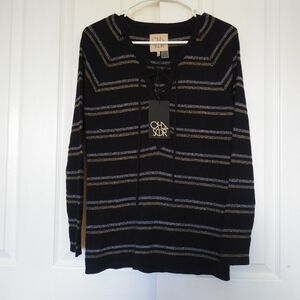 Chaser Striped Long Sleeve Sweater Top Size Medium Lace up Nwt